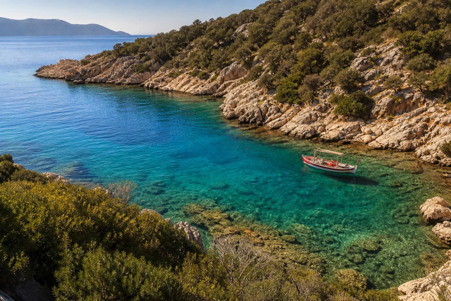 Kaş yakınlarında kayalık kıyı, berrak Akdeniz suyu ve küçük bir balıkçı teknesi