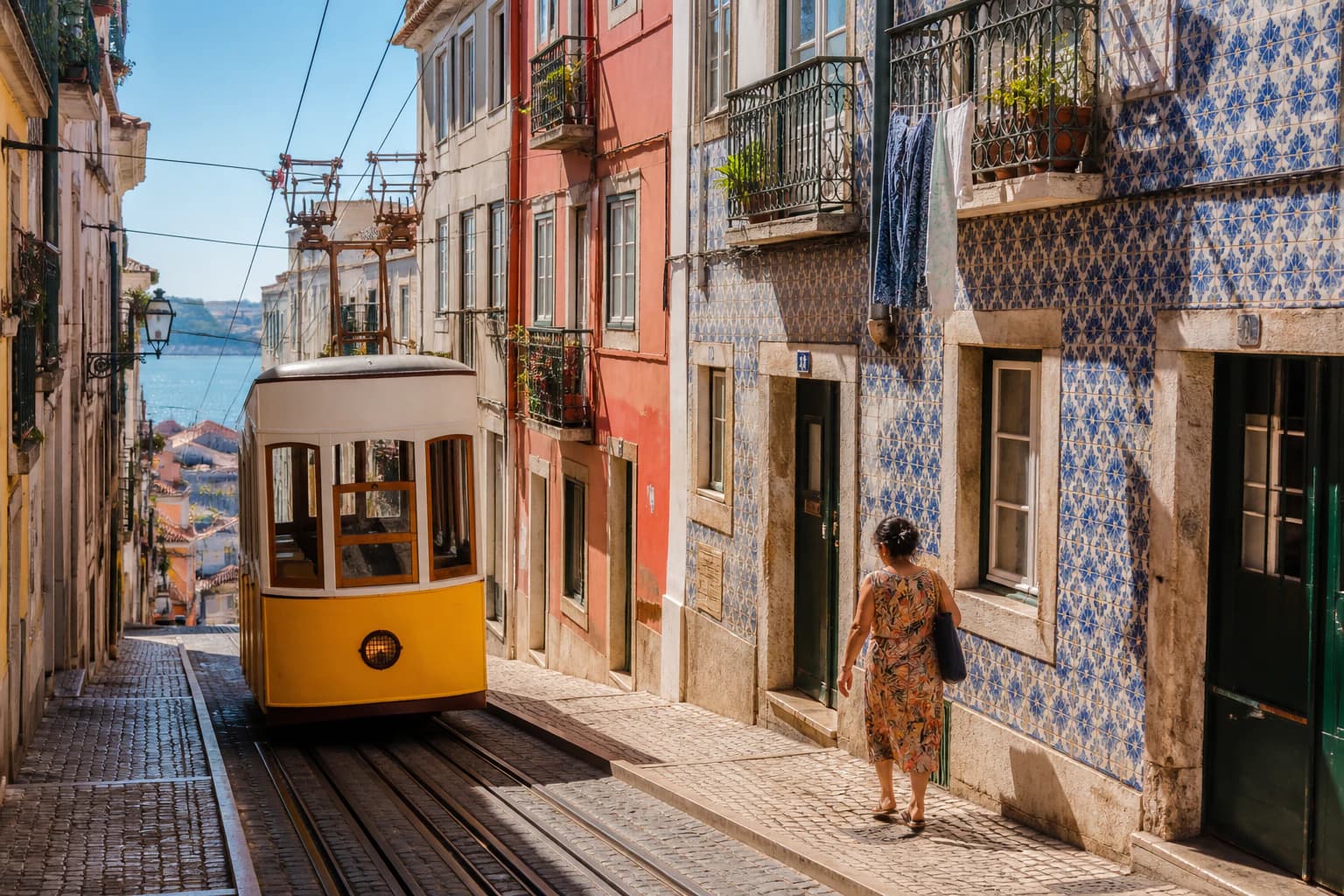 Lizbon'un yokuşlu bir mahallesinde tramvaya doğru yürüyen yerel bir sakin