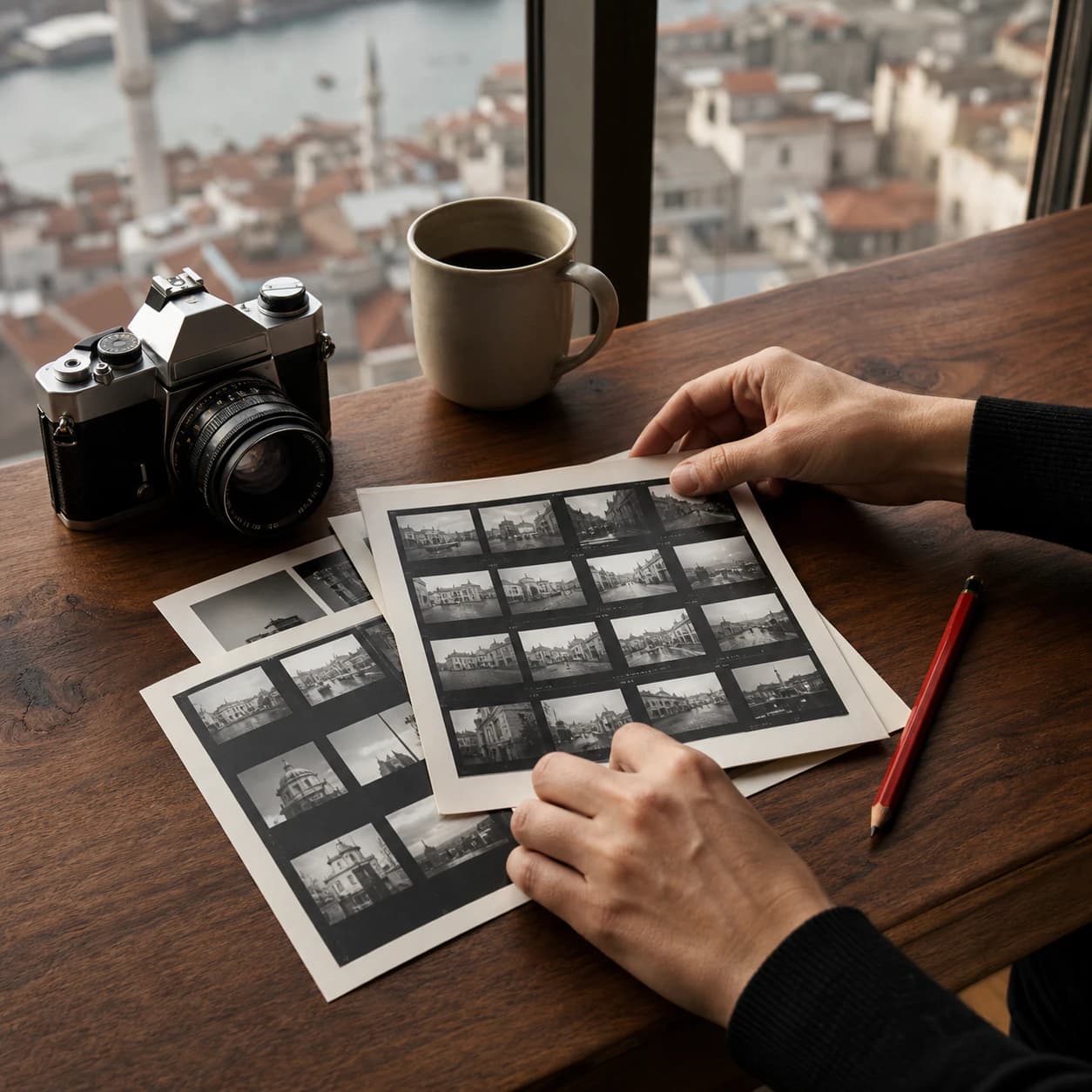 İstanbul manzaralı masada analog kamera ve kontak baskıları inceleyen fotoğrafçı