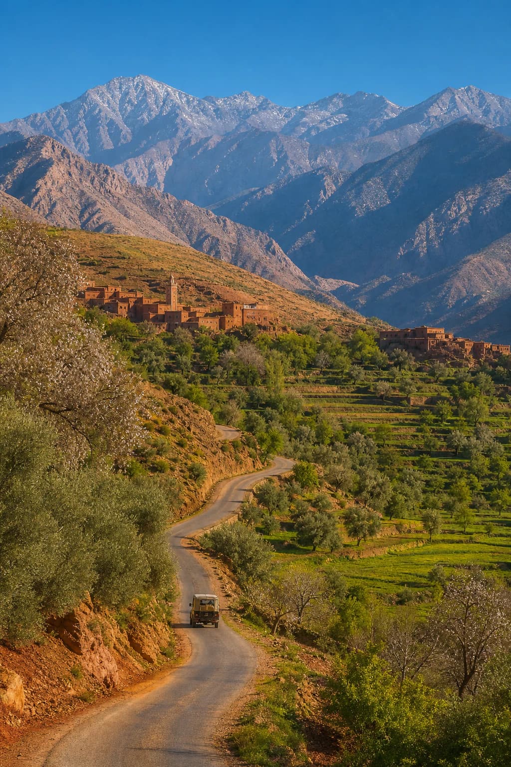 Atlas Dağları'nın eteklerinde vadinin içinde kıvrılan yalnız yol