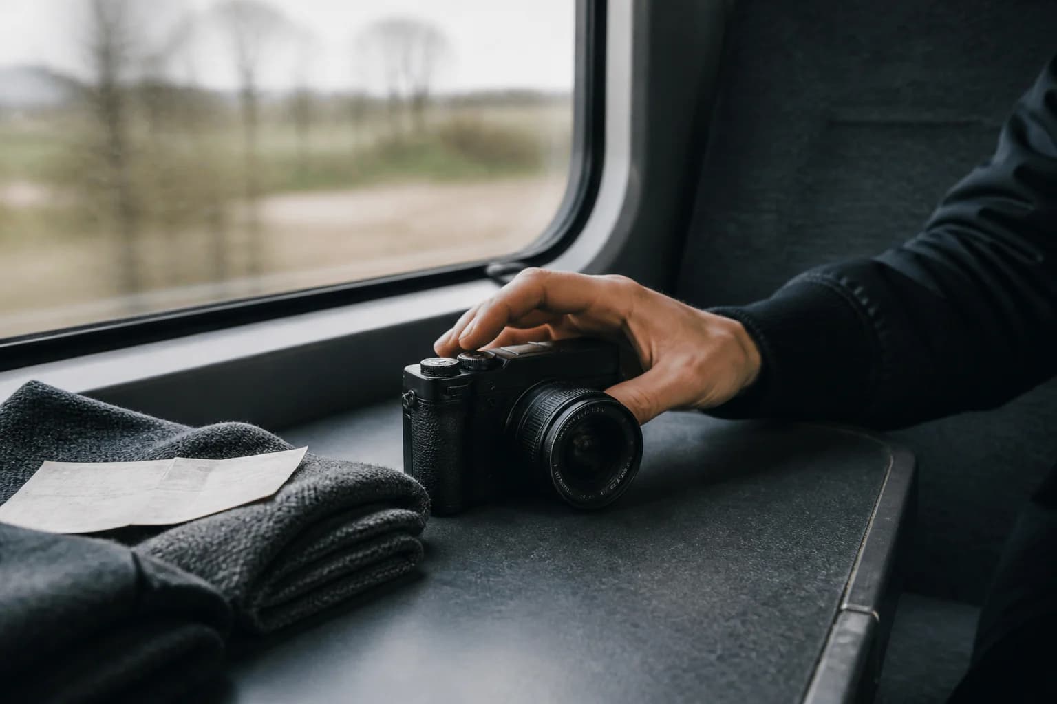 Tren penceresinin yanında tek lensli fotoğraf makinesine uzanan yolcunun eli