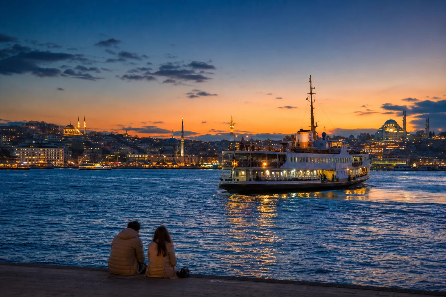 Akşam İstanbul kıyısında Boğaz ve tarihi yarımadaya bakan iki kişi