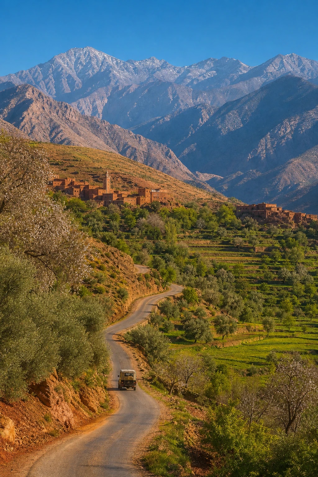 Atlas Dağları'nın eteklerinde vadinin içinde kıvrılan yalnız yol