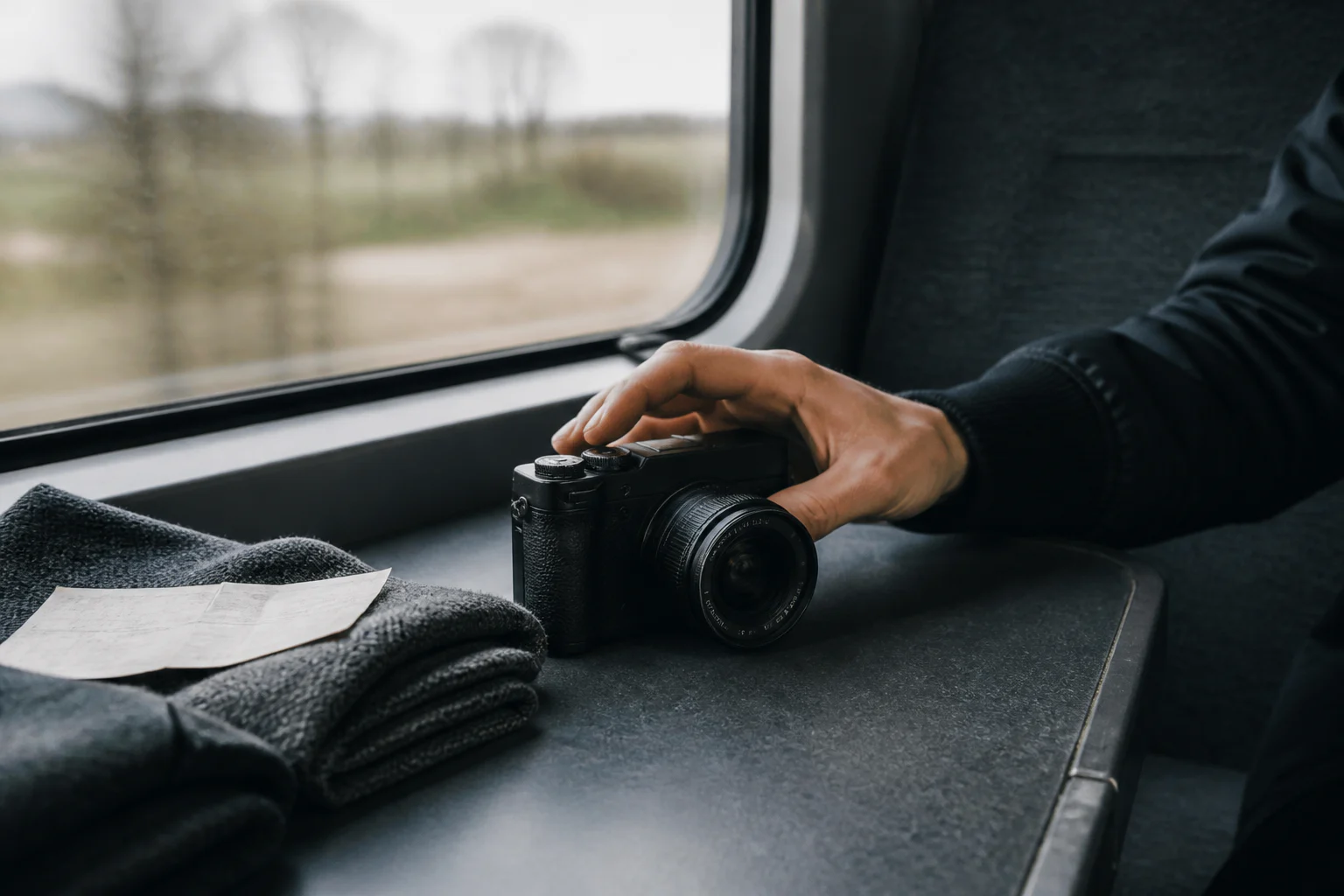 Tren penceresinin yanında tek lensli fotoğraf makinesine uzanan yolcunun eli