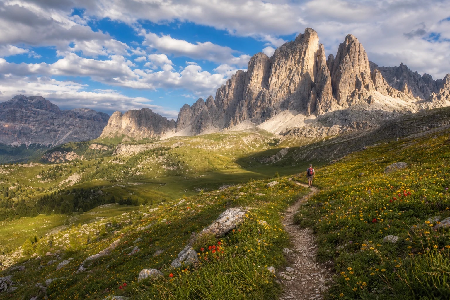 Bulutların sardığı Dolomit zirvelerine doğru patikada yürüyen gezgin