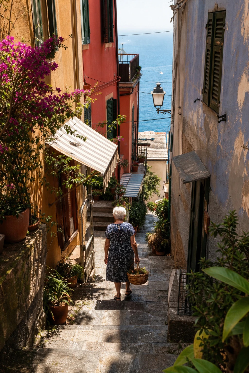 Liguria'da denize inen dar taş merdivenlerde sepet taşıyan yerel bir sakin