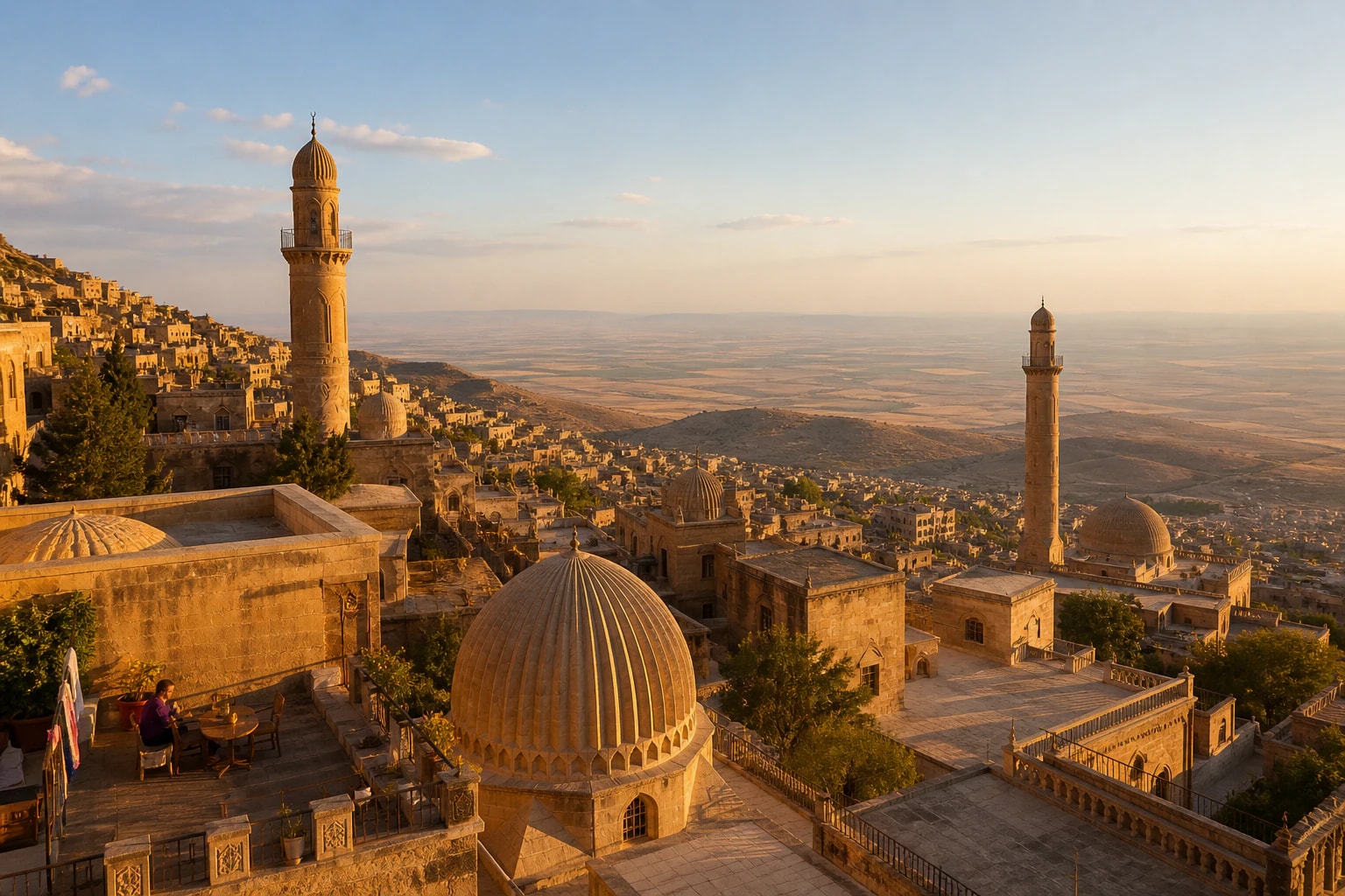 Mardin'in taş teraslarından Mezopotamya Ovası'na uzanan akşam manzarası
